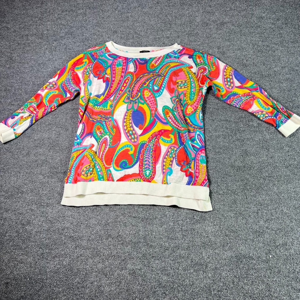 Talbots Sweater Womens Medium Petite Multicolor Paisley Knit 3/4 Sleeve Classic